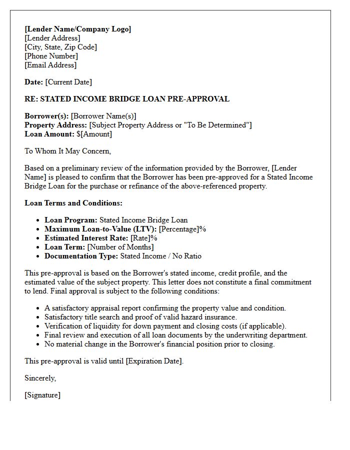 Stated Income Bridge Loan Pre-Approval Letter