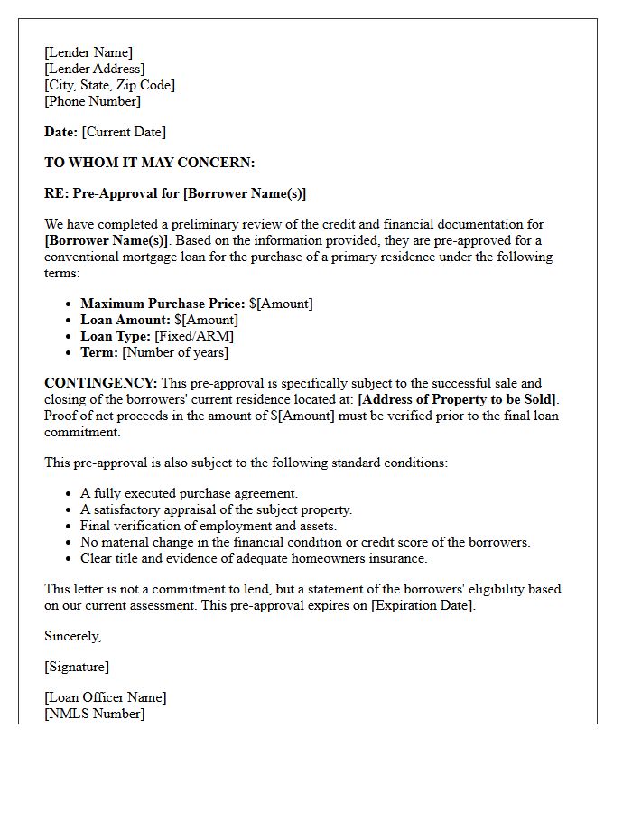 Standard Pre-Approval Letter Subject to Sale of Current Residence