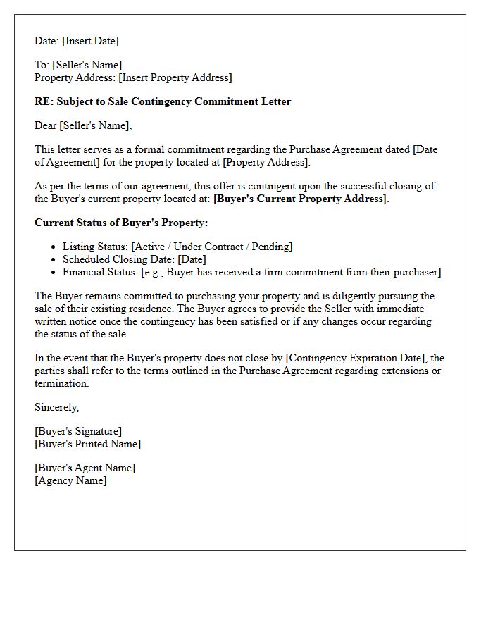 Subject to Sale Contingency Commitment Letter