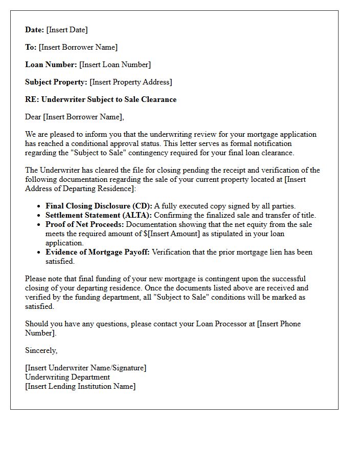 Underwriter Subject to Sale Clearance Letter