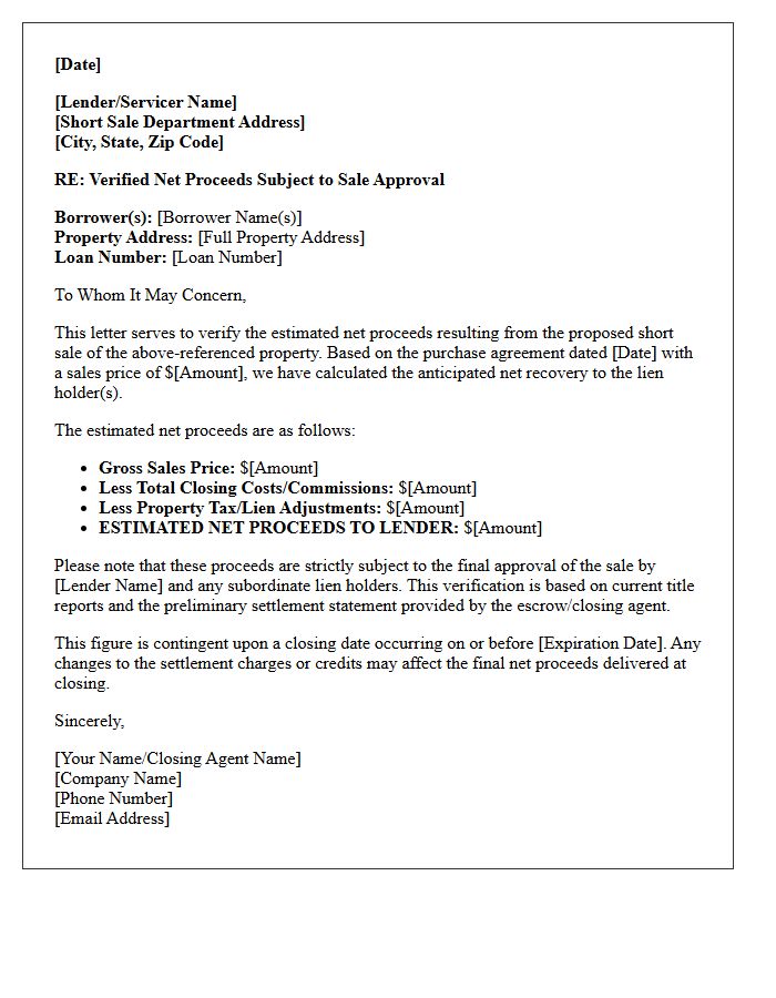 Verified Net Proceeds Subject to Sale Approval Letter