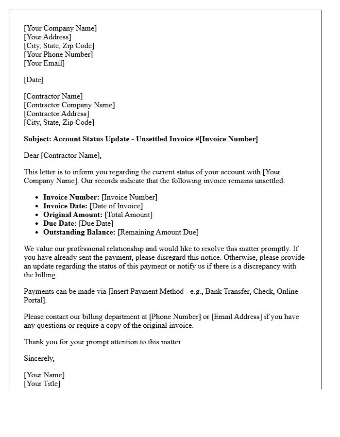 Account Status Letter for Unsettled Contractor Invoice