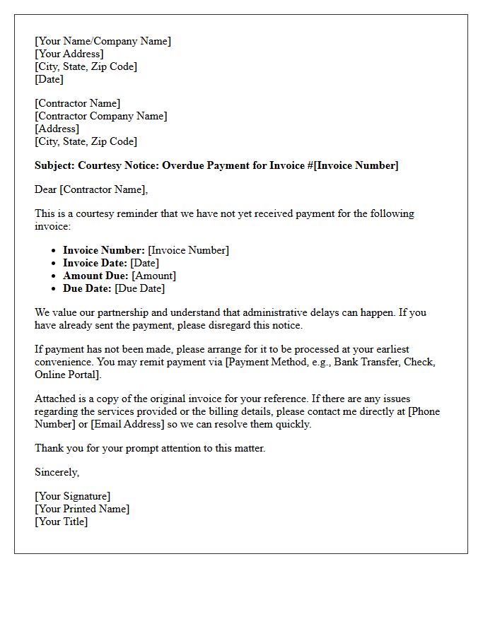 Courtesy Notice Letter for Overdue Contractor Payment