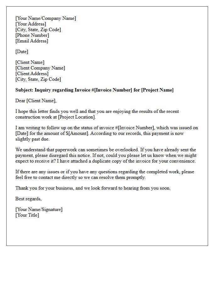 Friendly Inquiry Letter for Unpaid Construction Invoice