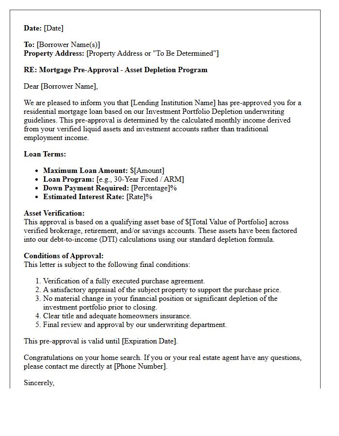 Investment Portfolio Depletion Mortgage Pre-Approval Letter
