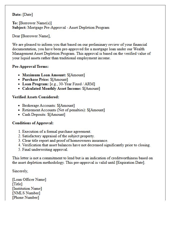 Wealth Management Asset Depletion Pre-Approval Letter