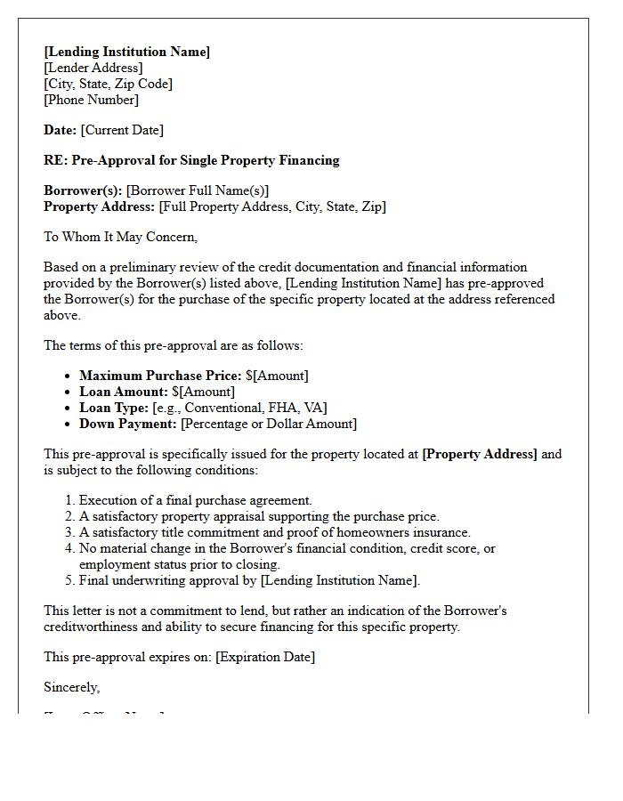 Single Property Address Financing Pre-Approval Letter