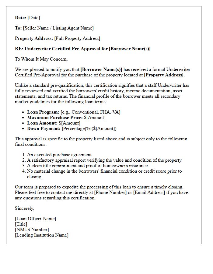 Underwriter Certified Specific Property Pre-Approval Letter