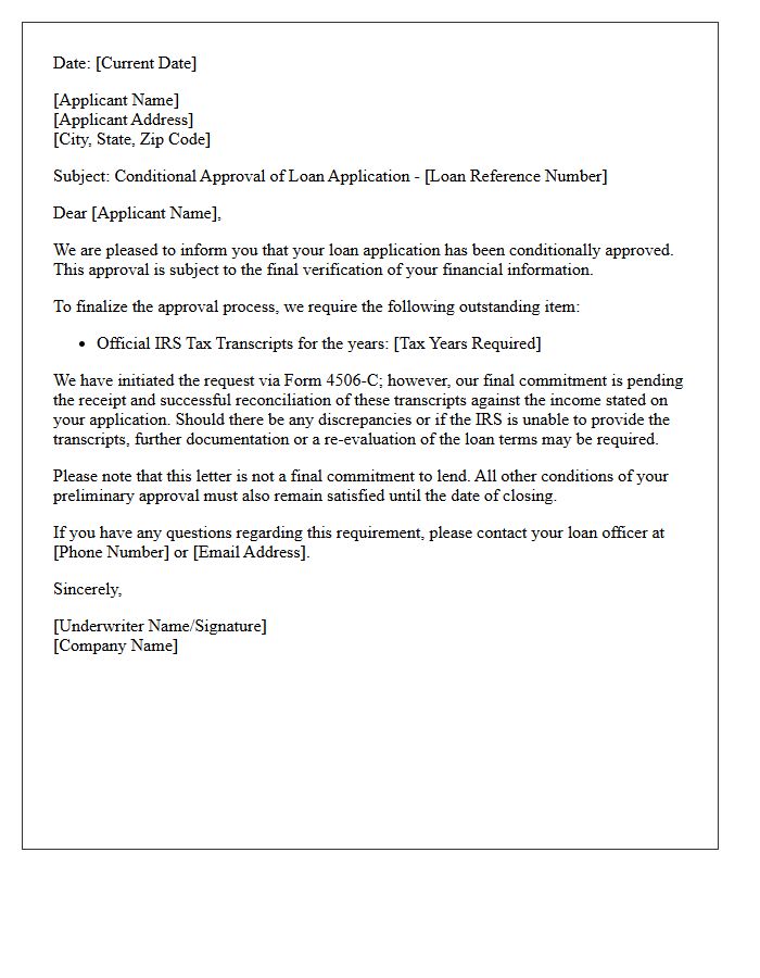 Conditional Approval Pending Tax Transcript Verification Letter