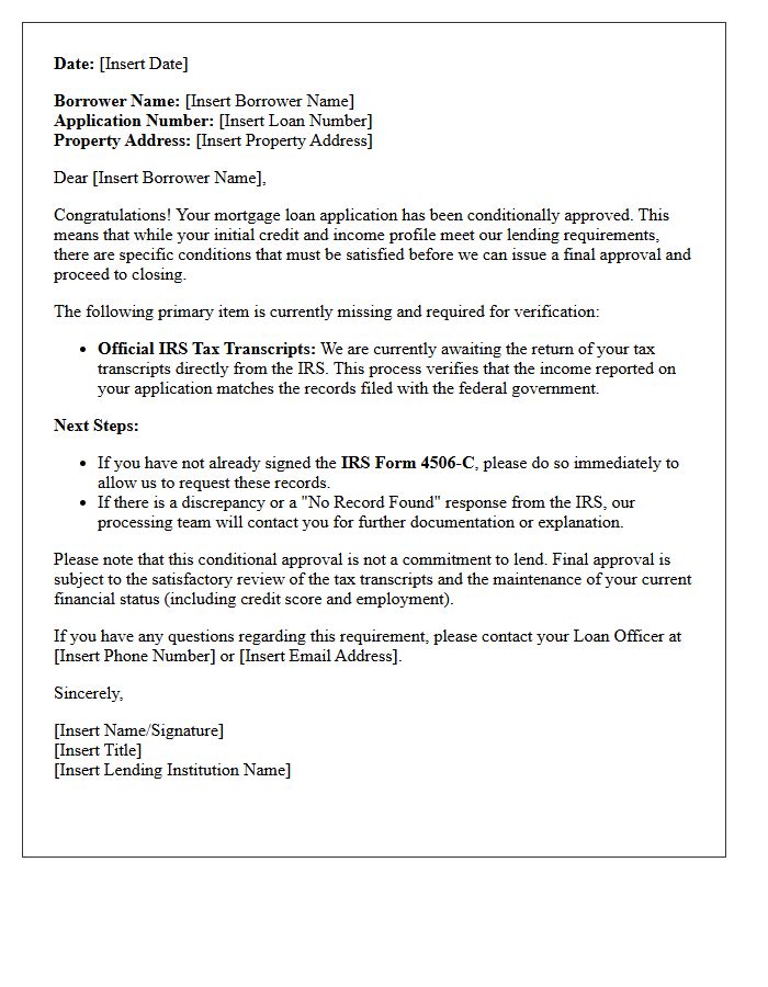 Conditional Loan Approval Missing Tax Transcript Verification Letter