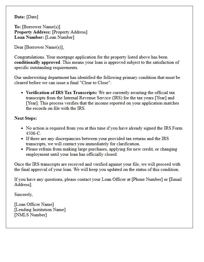 Conditional Mortgage Approval Pending IRS Tax Transcript Verification Letter