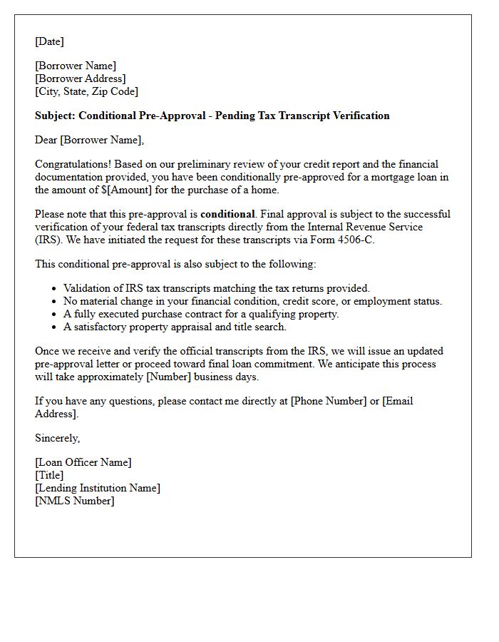 Pre-Approval Pending Tax Transcript Verification Letter