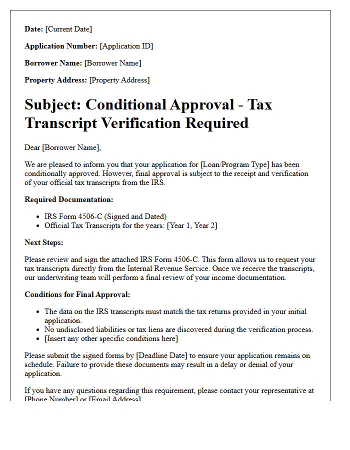 Tax Transcript Verification Requirement Conditional Approval Letter