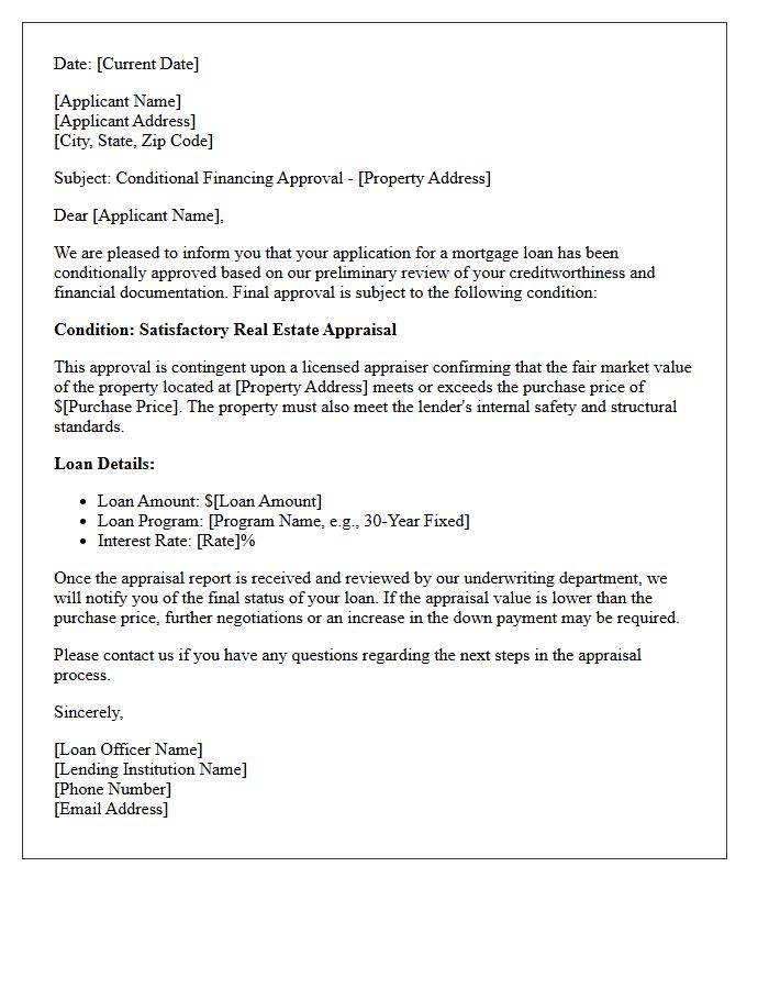 Conditional Financing Approval Subject to Real Estate Appraisal Letter