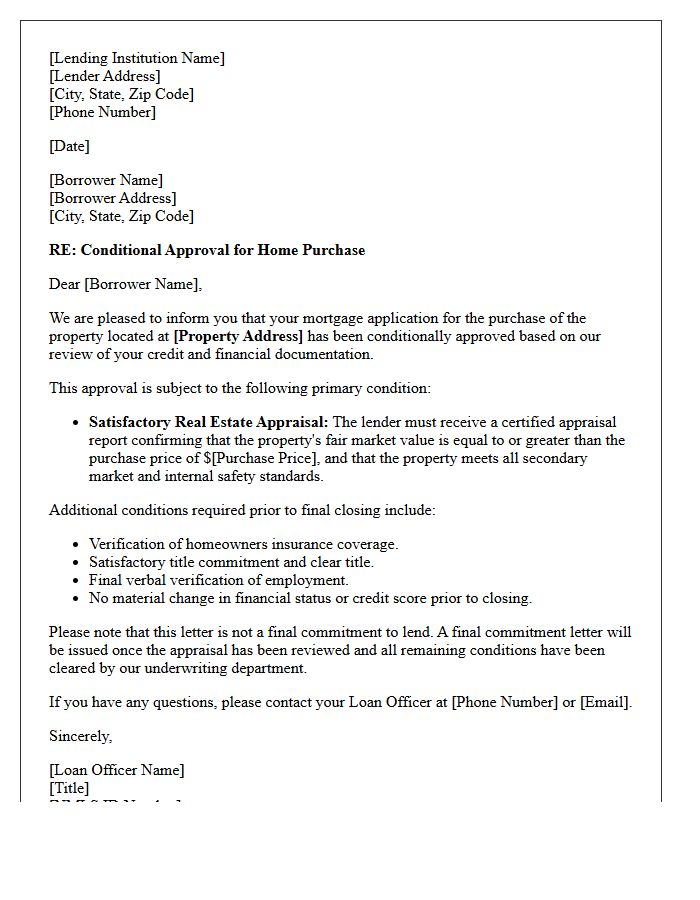 Home Purchase Conditional Approval Pending Satisfactory Appraisal Letter
