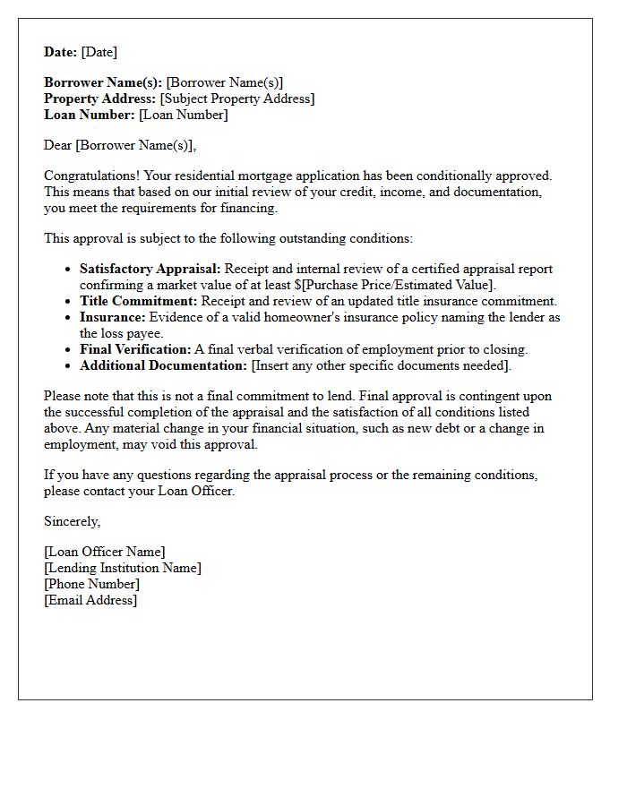 Residential Mortgage Conditional Approval Pending Appraisal Letter