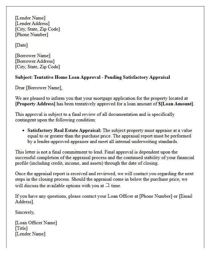 Tentative Home Loan Approval Pending Satisfactory Appraisal Letter