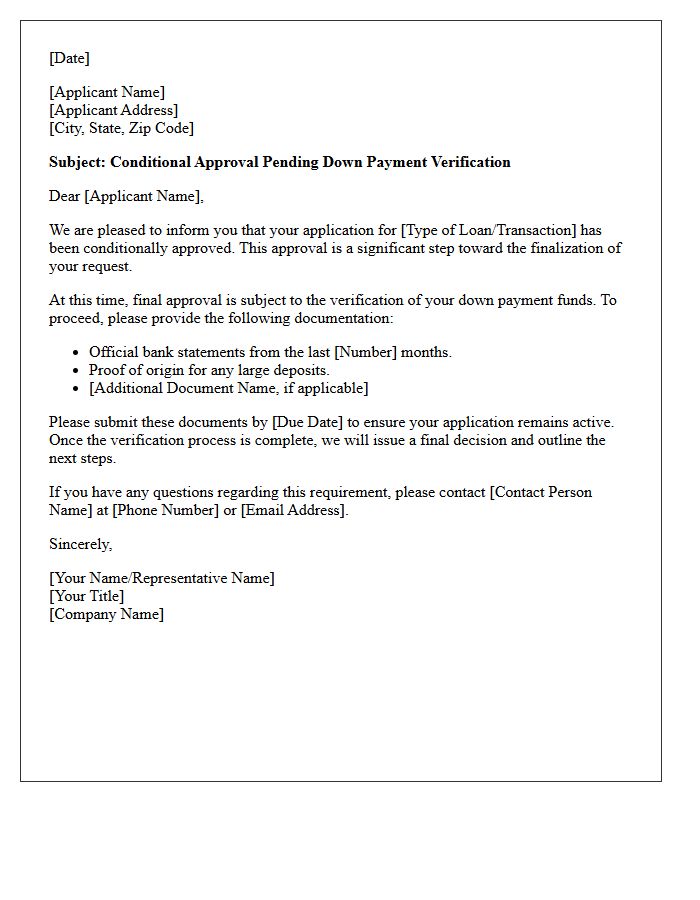 Conditional Approval Pending Down Payment Verification Letter
