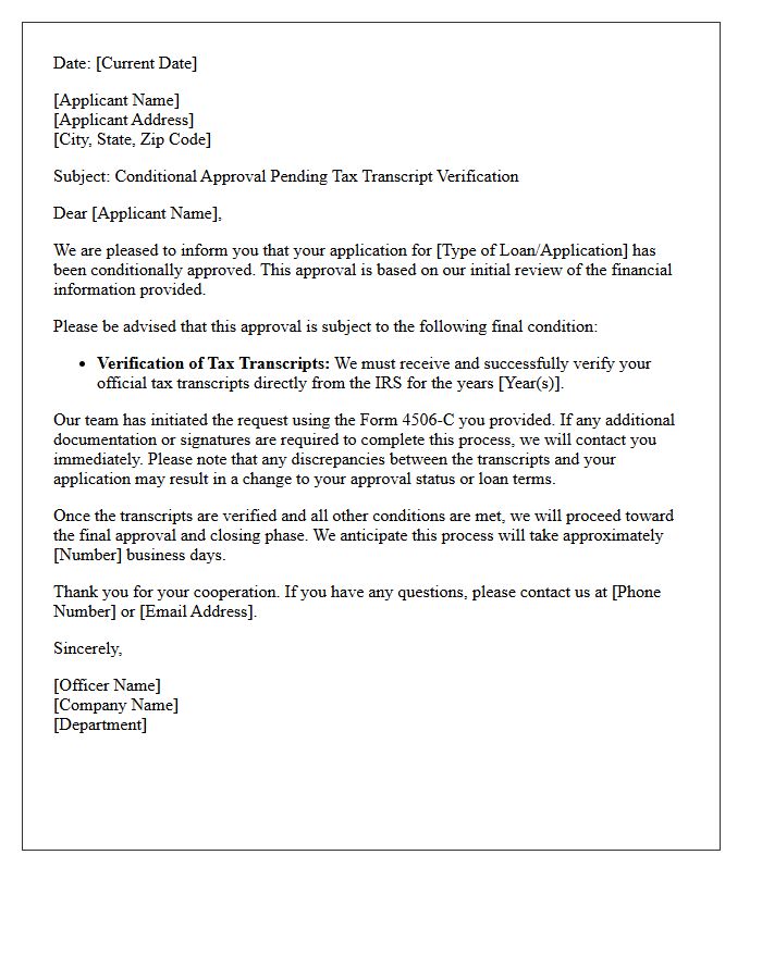 Conditional Approval Pending Tax Transcript Verification Letter