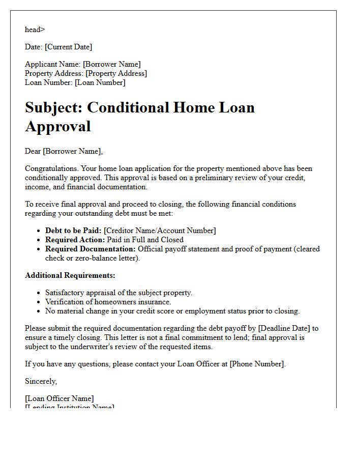Conditional Home Loan Approval Subject to Debt Payoff Letter