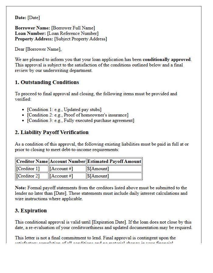 Conditional Loan Approval and Liability Payoff Verification Letter