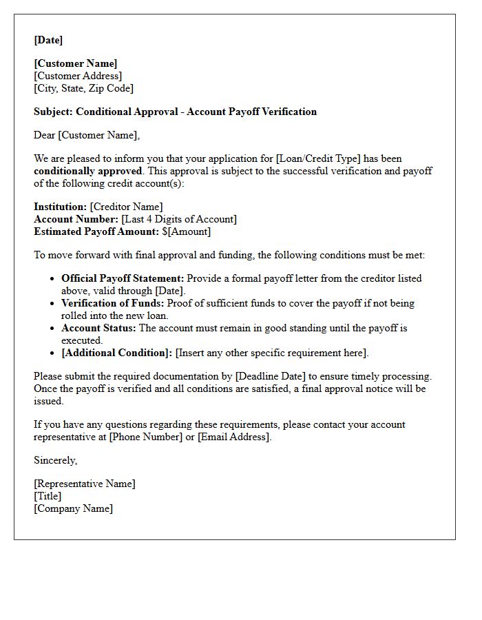Credit Account Payoff Verification Conditional Approval Letter