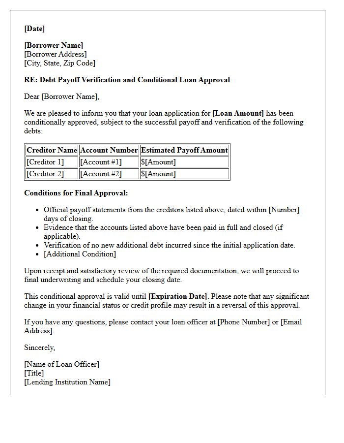 Debt Payoff Verification and Conditional Approval Letter