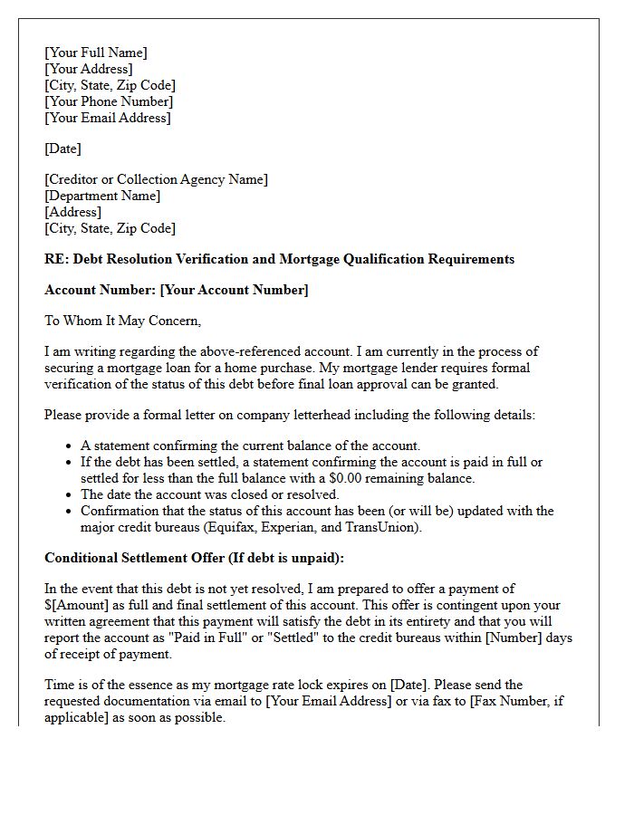 Debt Resolution Verification and Conditional Mortgage Letter