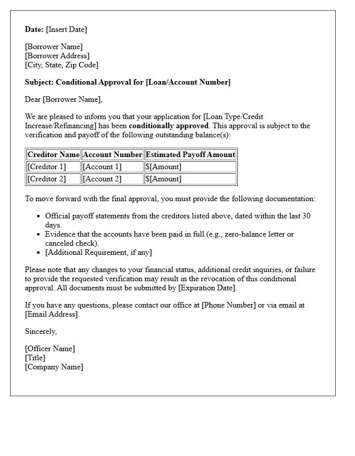 Outstanding Balance Payoff Verification Conditional Approval Letter