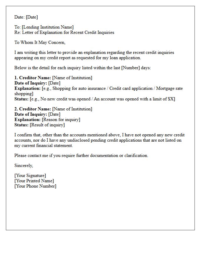 Borrower Letter of Explanation for Pending Credit Inquiries