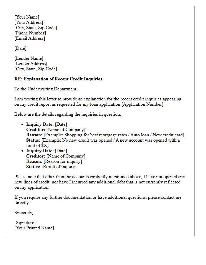Credit Report Inquiry Explanation Letter for Underwriting