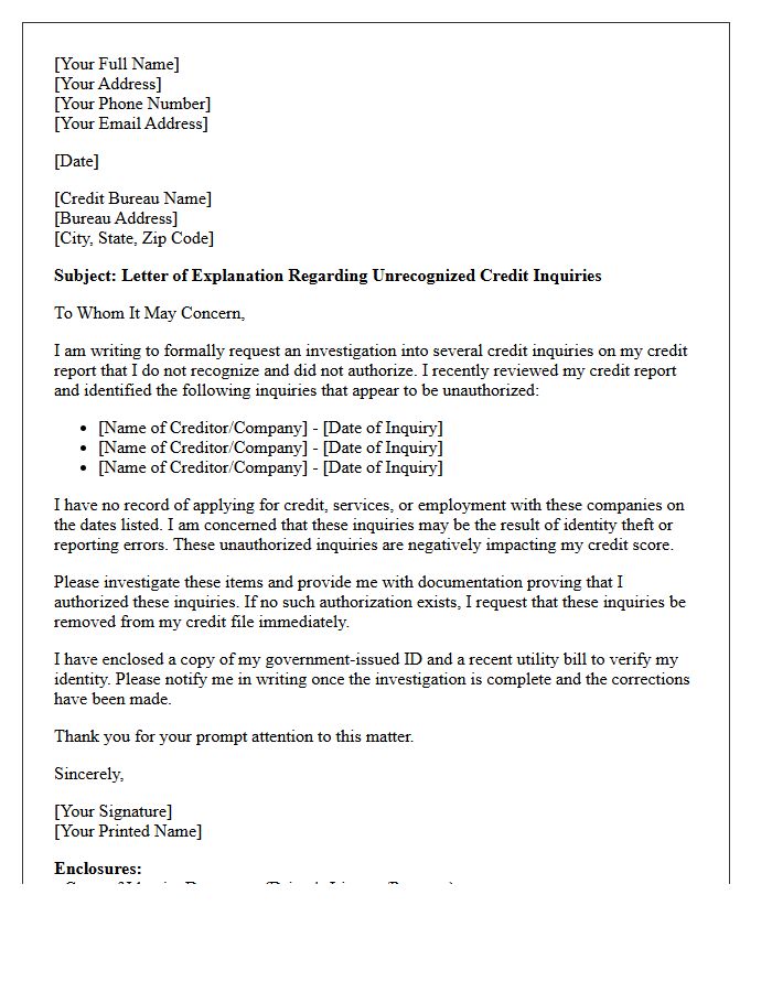Letter of Explanation Regarding Unrecognized Credit Inquiries