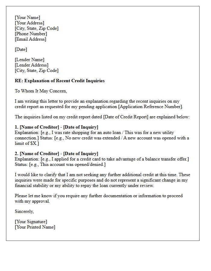 Pending Approval Credit Inquiry Explanation Letter