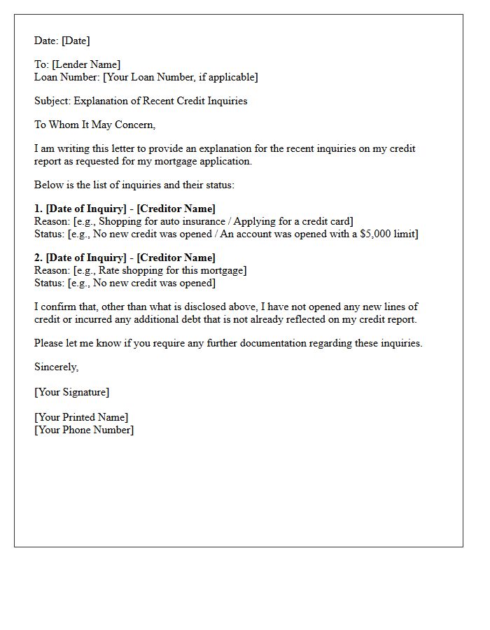 Recent Credit Inquiry Explanation Letter for Mortgage Lenders