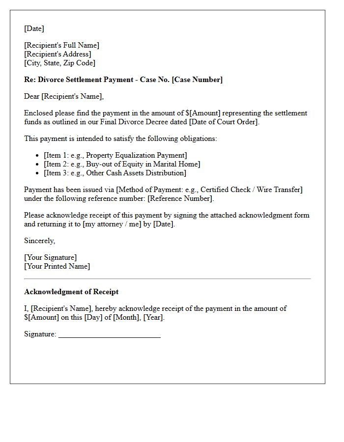 Divorce Settlement Payout Letter