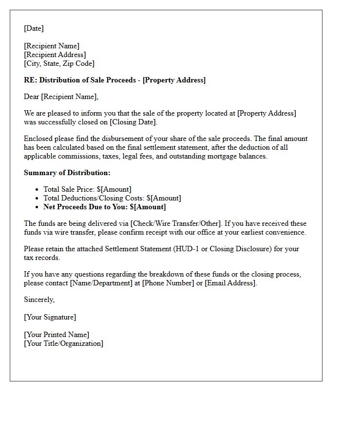 Real Estate Sale Proceeds Letter