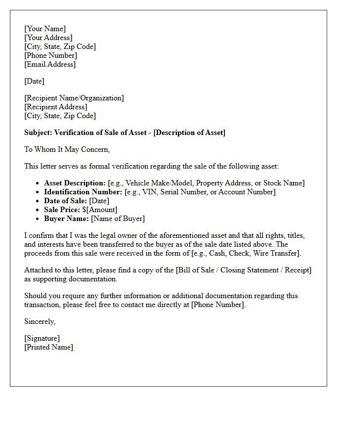 Sale of Asset Verification Letter