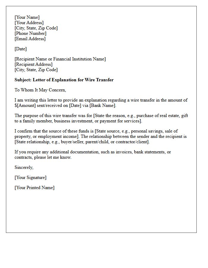 Wire Transfer Explanation Letter