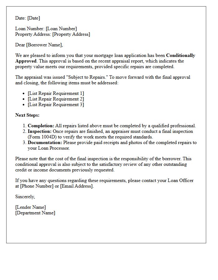 Appraisal Subject to Repairs Conditional Approval Letter