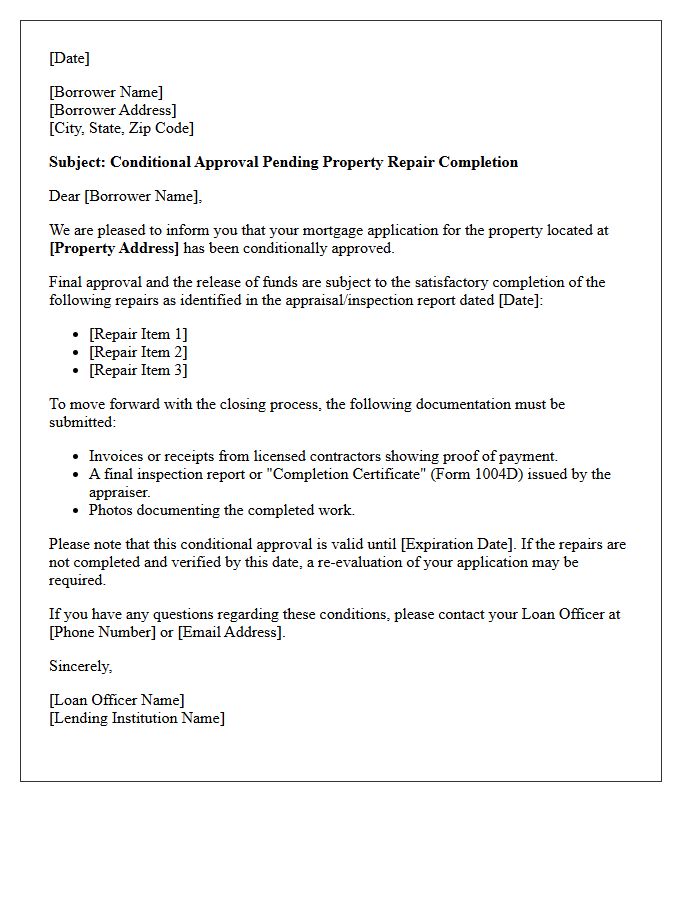 Conditional Approval Pending Property Repair Completion Letter