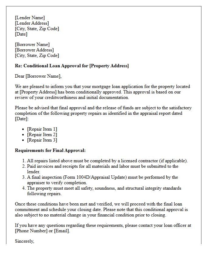 Conditional Loan Approval Subject to Property Repairs Letter
