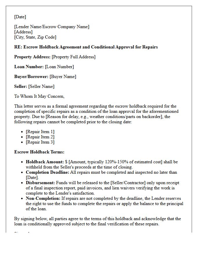 Escrow Holdback and Conditional Approval Repair Letter