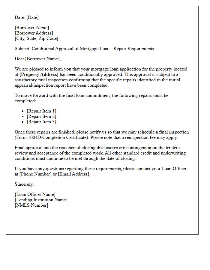 Home Loan Conditional Approval Pending Post-Inspection Repair Letter