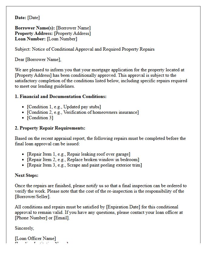 Lender Notice of Conditional Approval and Property Repair Letter