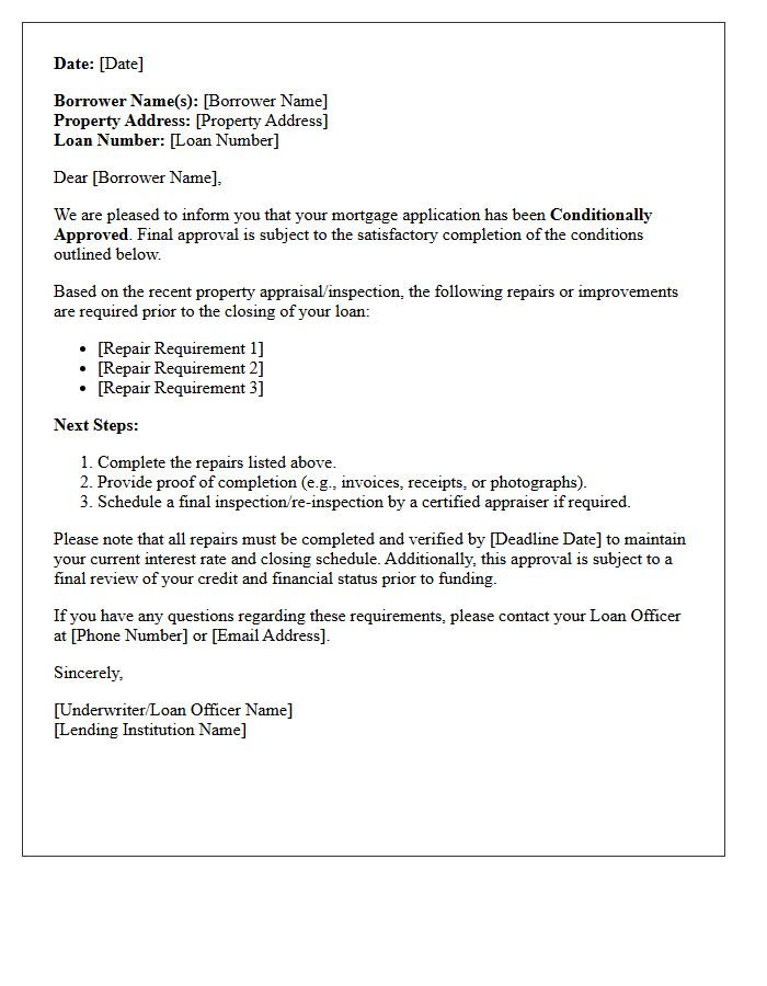 Mortgage Conditional Approval and Repair Requirement Letter
