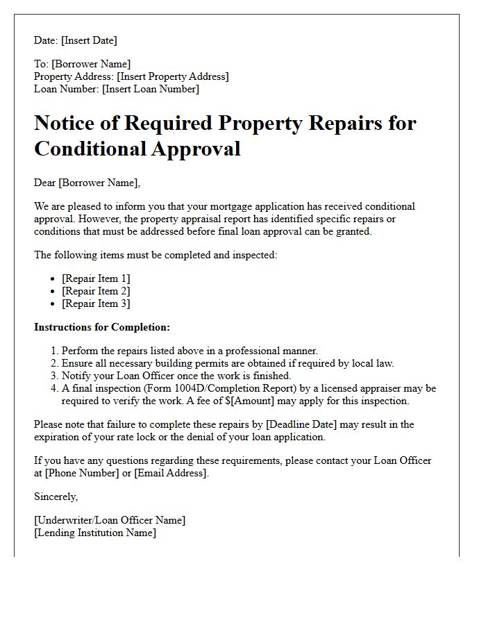 Notice of Required Property Repairs for Conditional Approval Letter