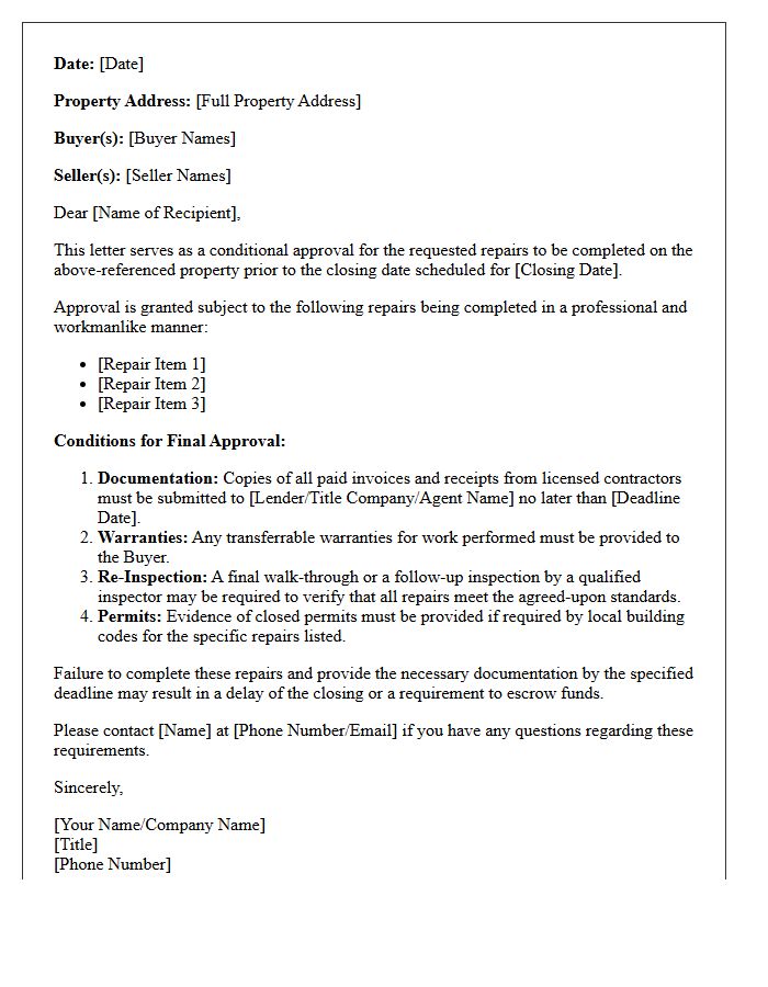 Pre-Closing Property Repair Conditional Approval Letter
