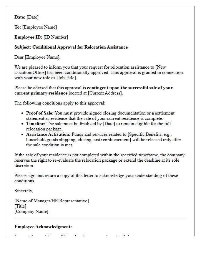 Relocation Conditional Approval Pending Sale of Current Residence Letter