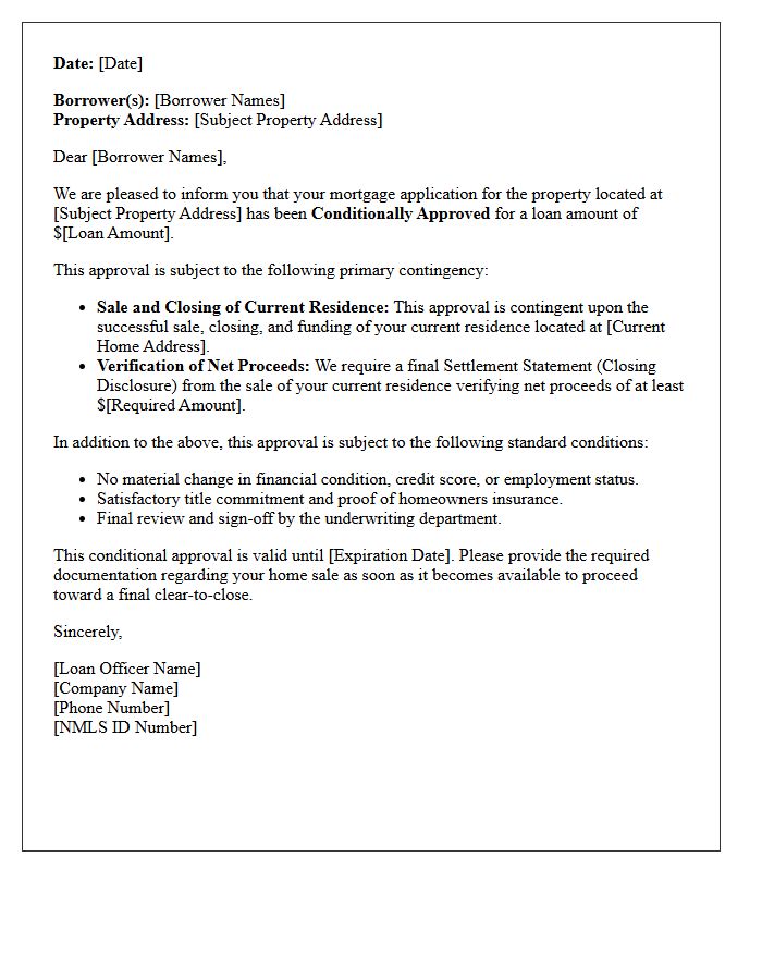 Standard Conditional Approval Pending Sale of Current Residence Letter