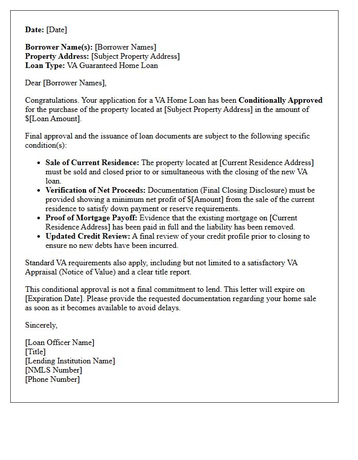 Veterans Affairs Loan Conditional Approval Pending Sale of Current Residence Letter